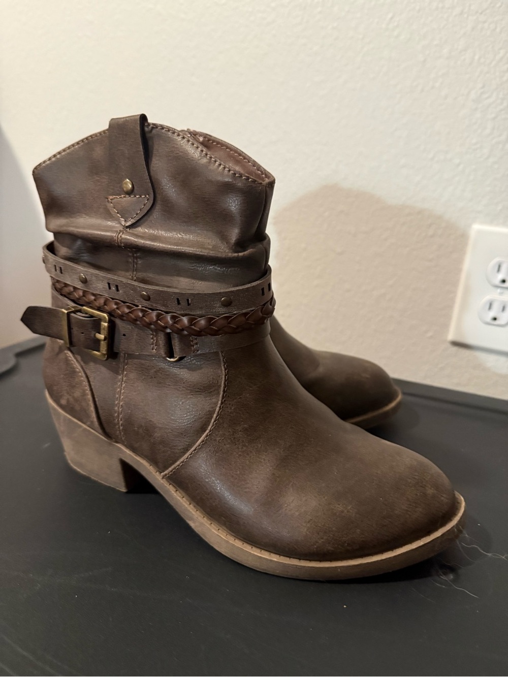 Jellypop Brown Braided-Strap Ankle Booties